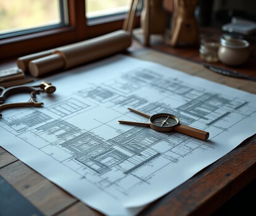 Bocetos arquitectónicos sobre una mesa de madera oscura